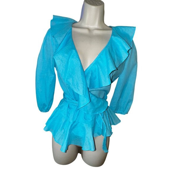 Lauren Ralph Lauren Small Sky Blue Wrap Ruffle Top Shirt Blouse Western Boho - Picture 1 of 10